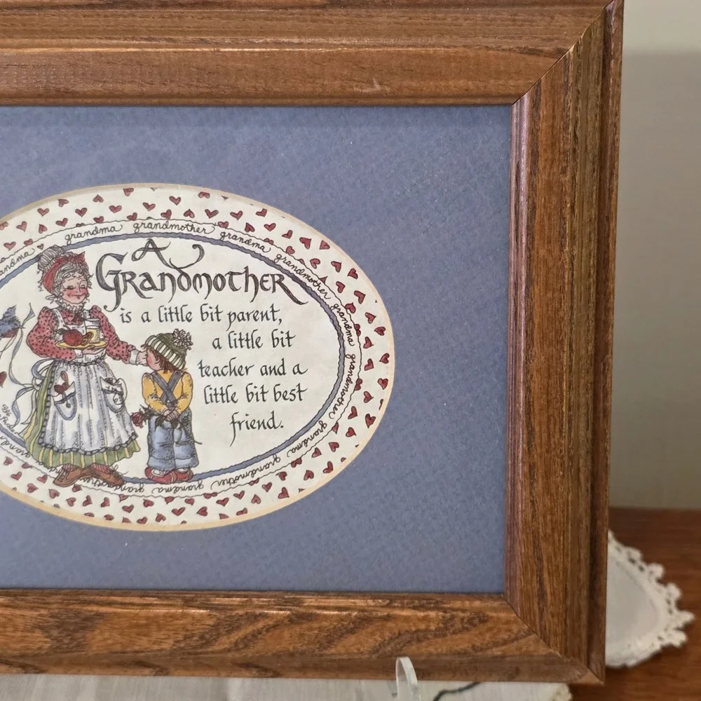Vintage 1996 Framed Grandmother Hearts Blue Gift Art Print Calligraphy 8.75x7 in